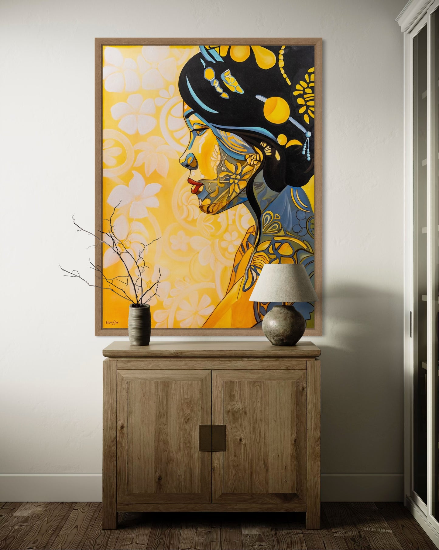 Japanese Woman with Hair Ornament on Yellow Background
