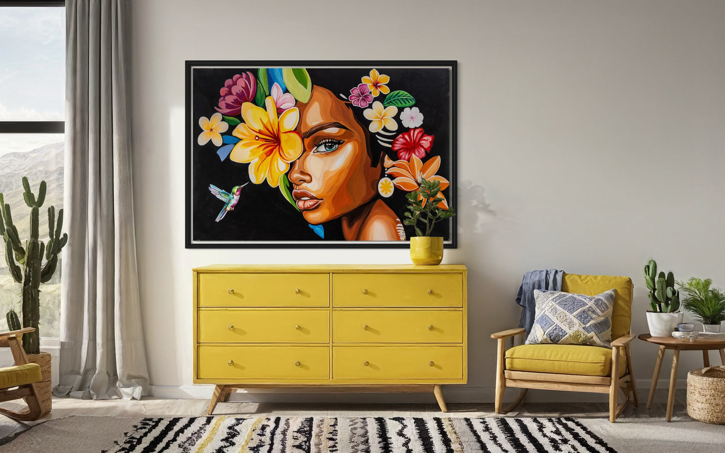 Girl with Flowers on a Black Background
