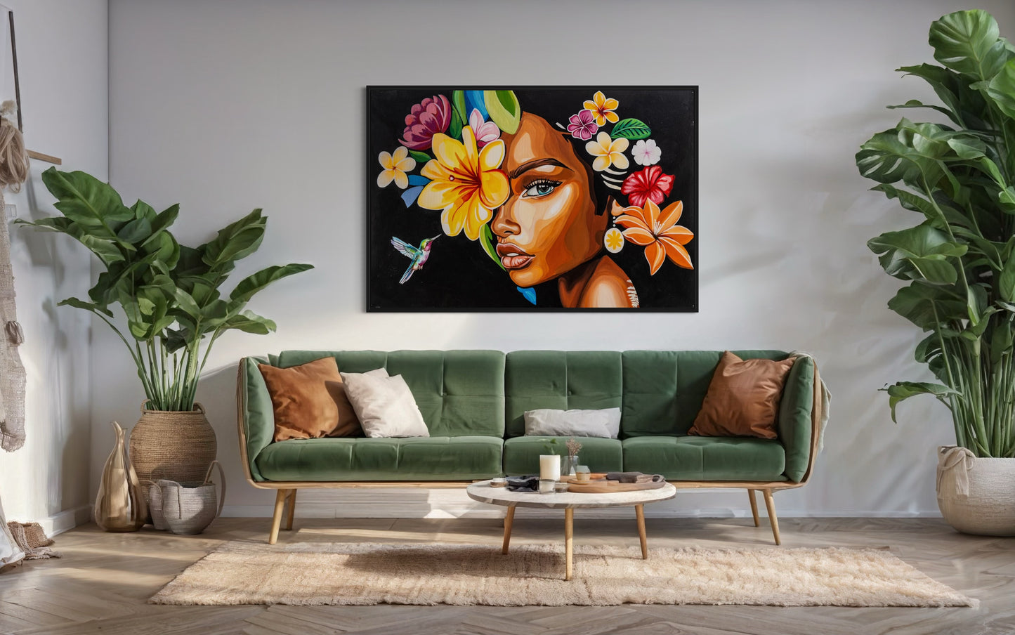 Girl with Flowers on a Black Background