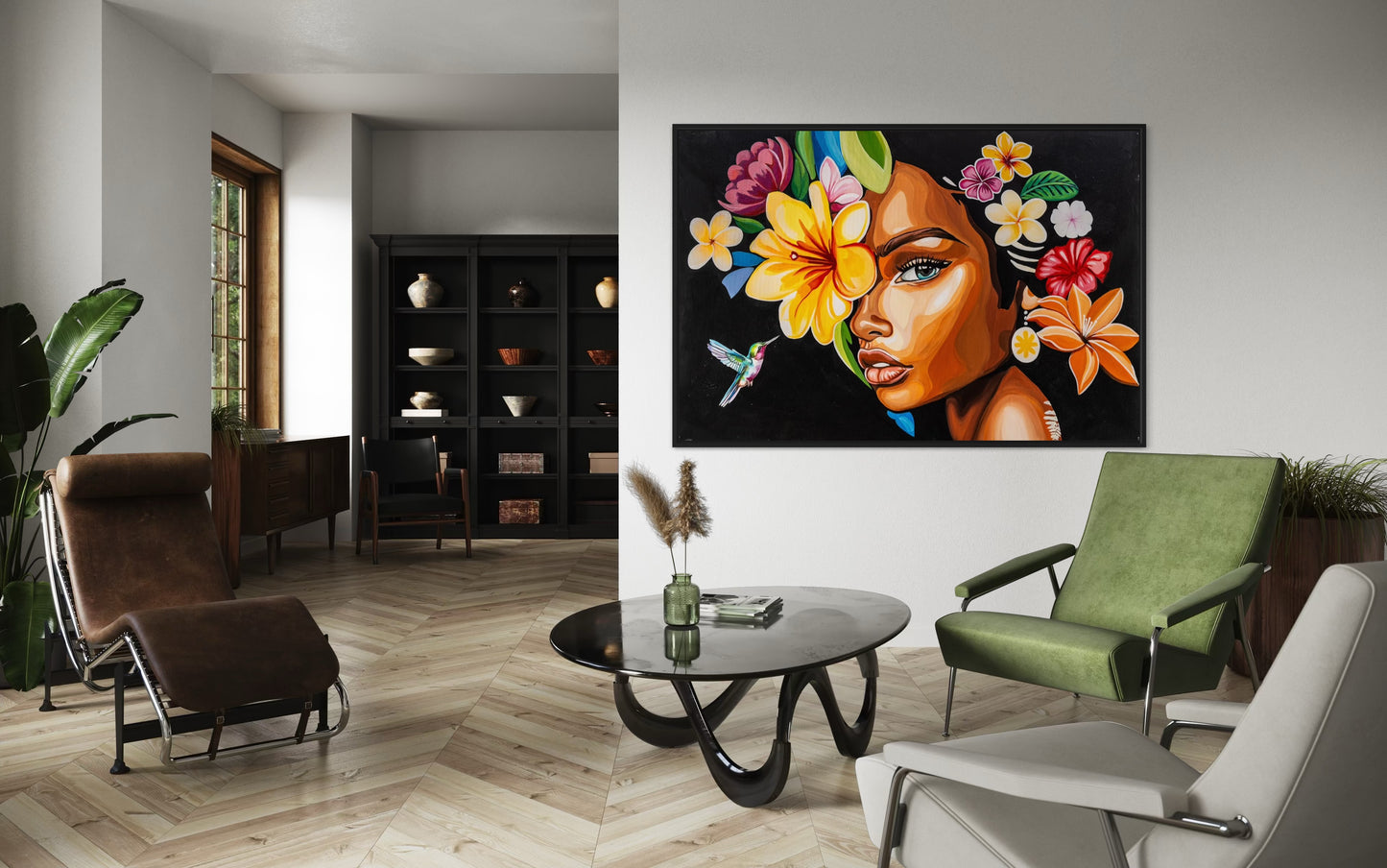 Girl with Flowers on a Black Background