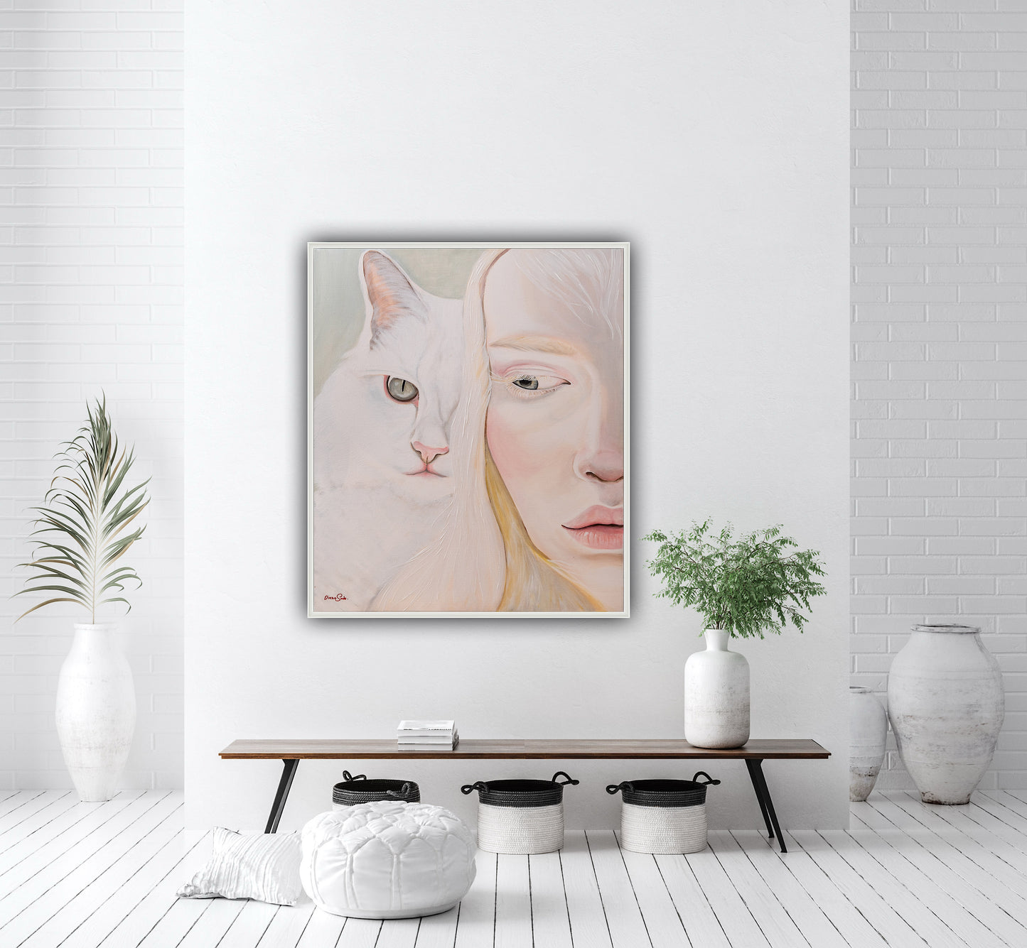 An albino woman and a cat.