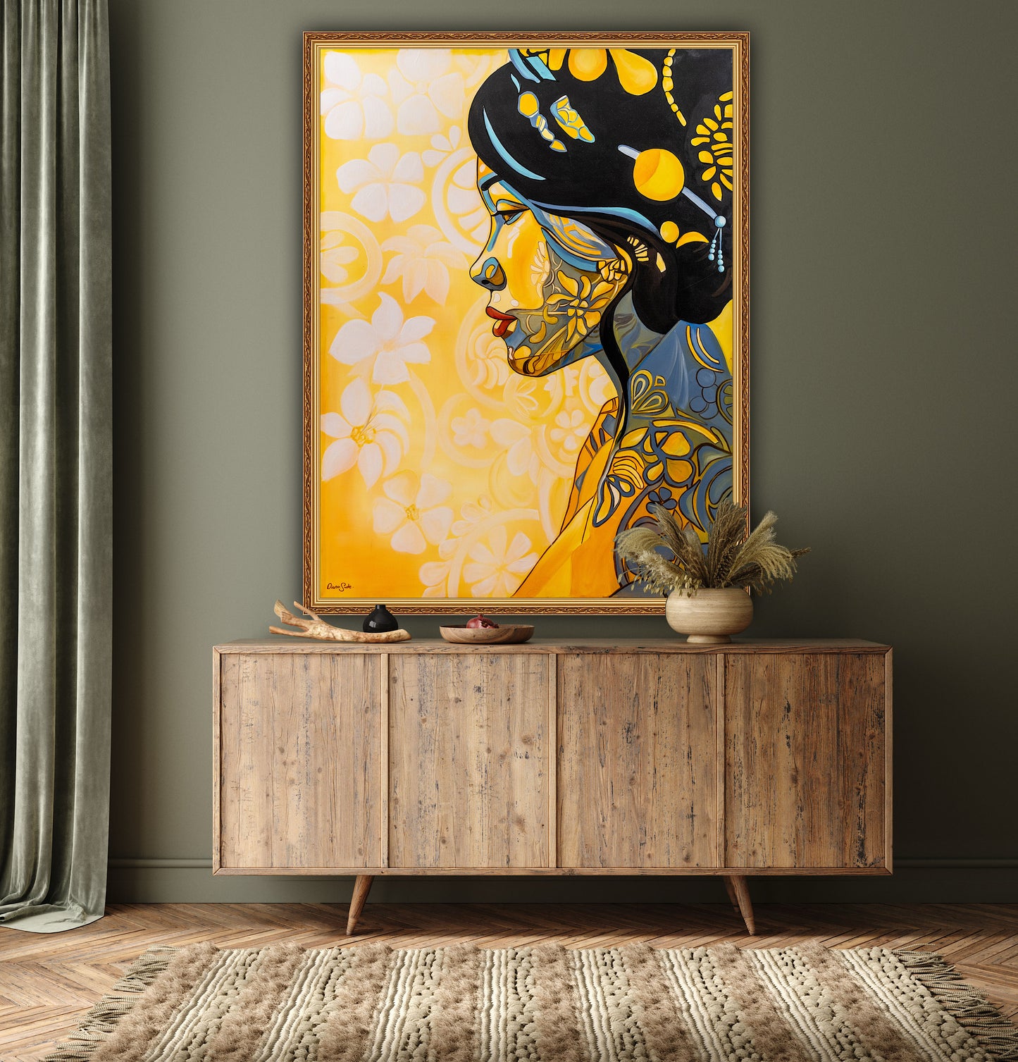 Japanese Woman with Hair Ornament on Yellow Background