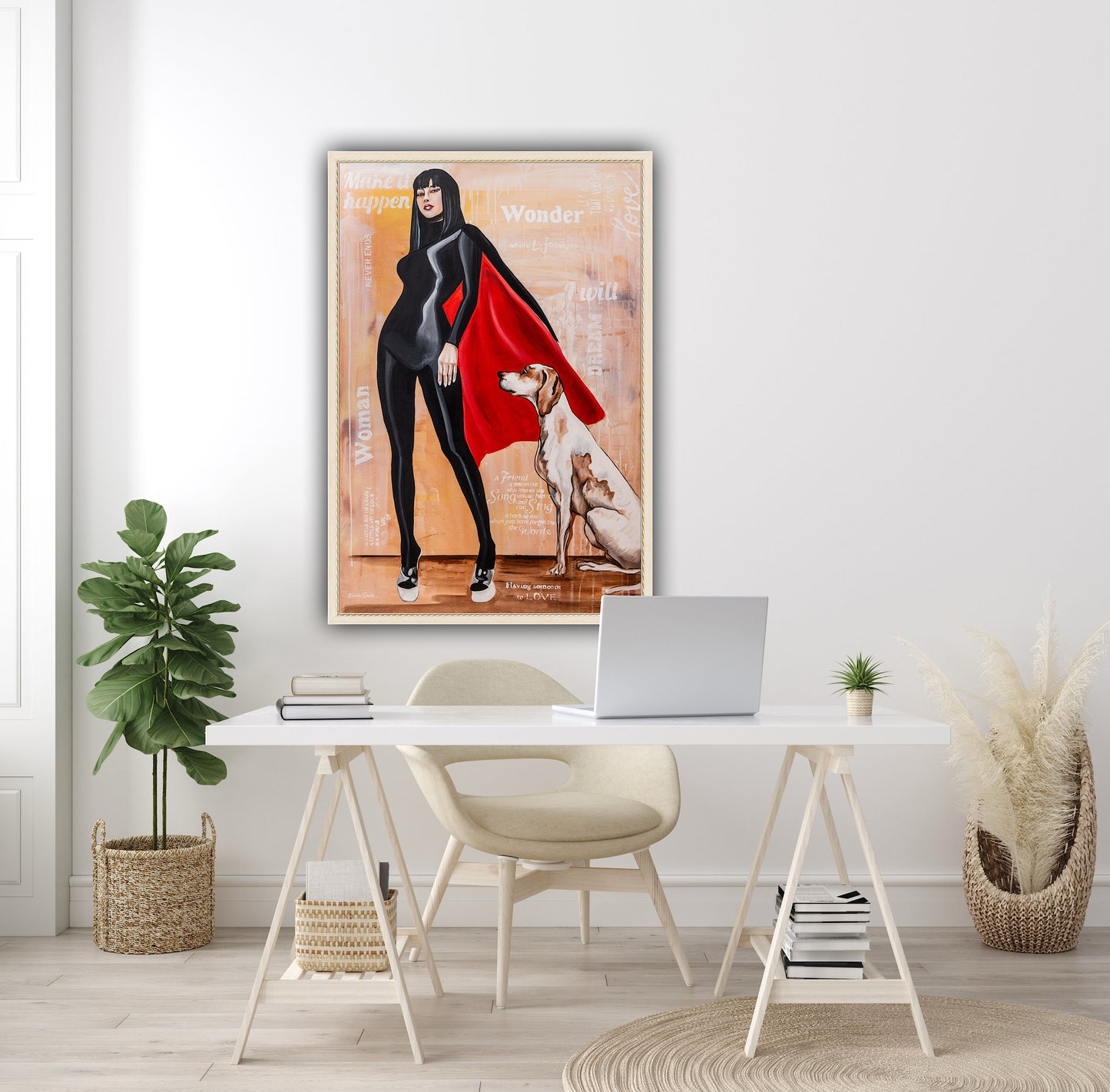 Superheroine with cape and dog