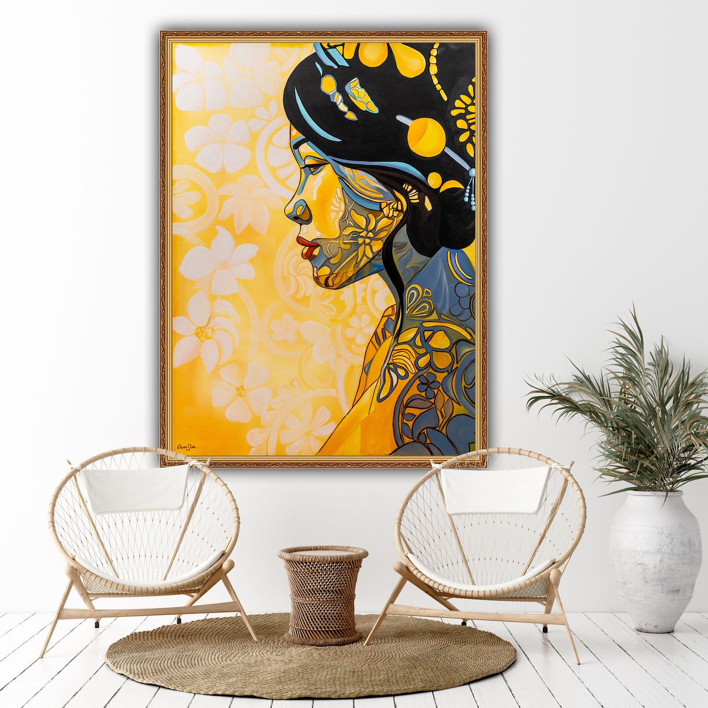 Japanese Woman with Hair Ornament on Yellow Background
