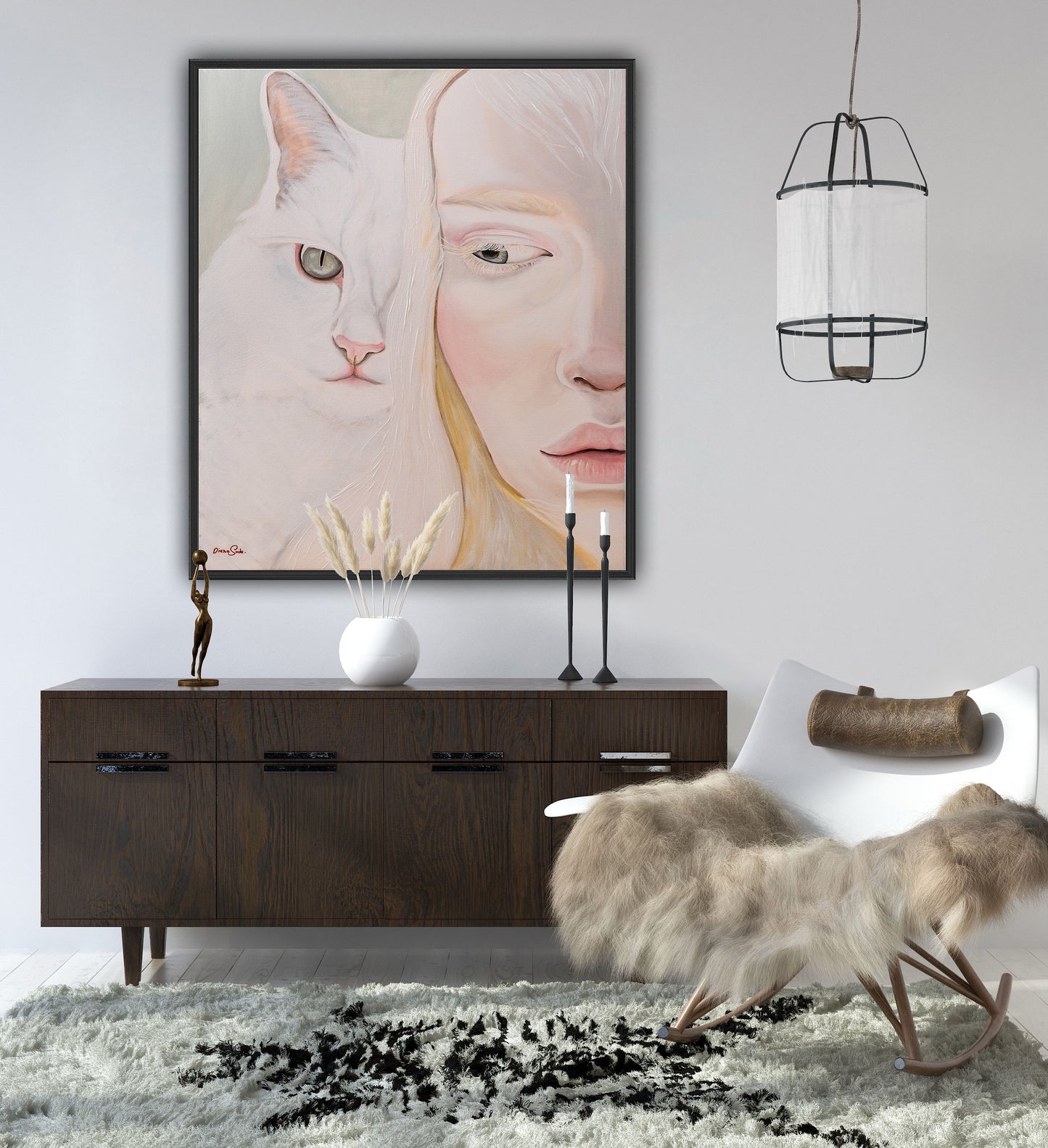 An albino woman and a cat.