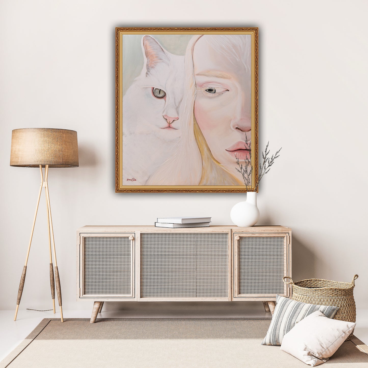 An albino woman and a cat.