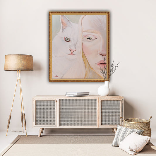 An albino woman and a cat.