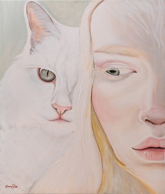 An albino woman and a cat.
