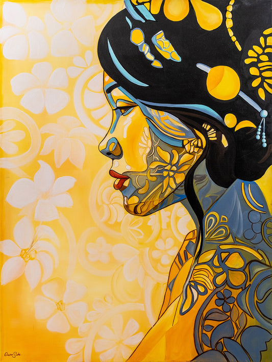 Japanese Woman with Hair Ornament on Yellow Background