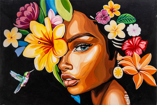 Girl with Flowers on a Black Background