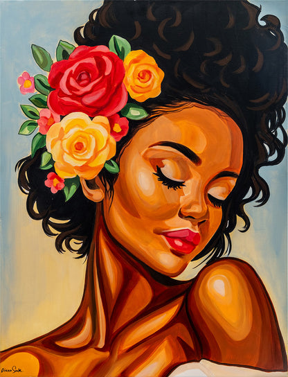 African woman with flowers in her hair