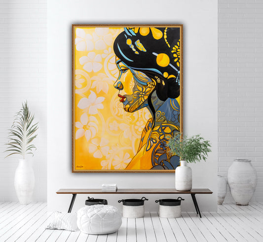 Japanese Woman with Hair Ornament on Yellow Background