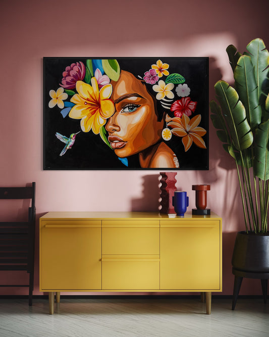 Girl with Flowers on a Black Background