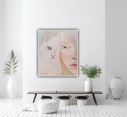 An albino woman and a cat.