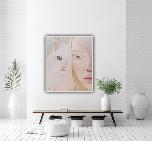 An albino woman and a cat.
