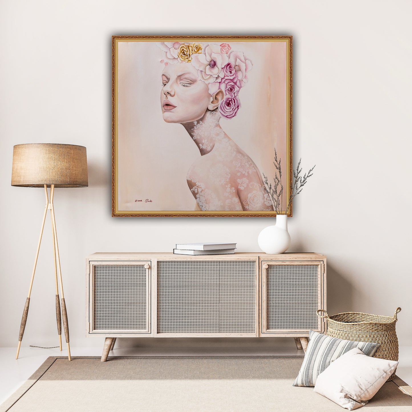 Albino with a crown of flowers
